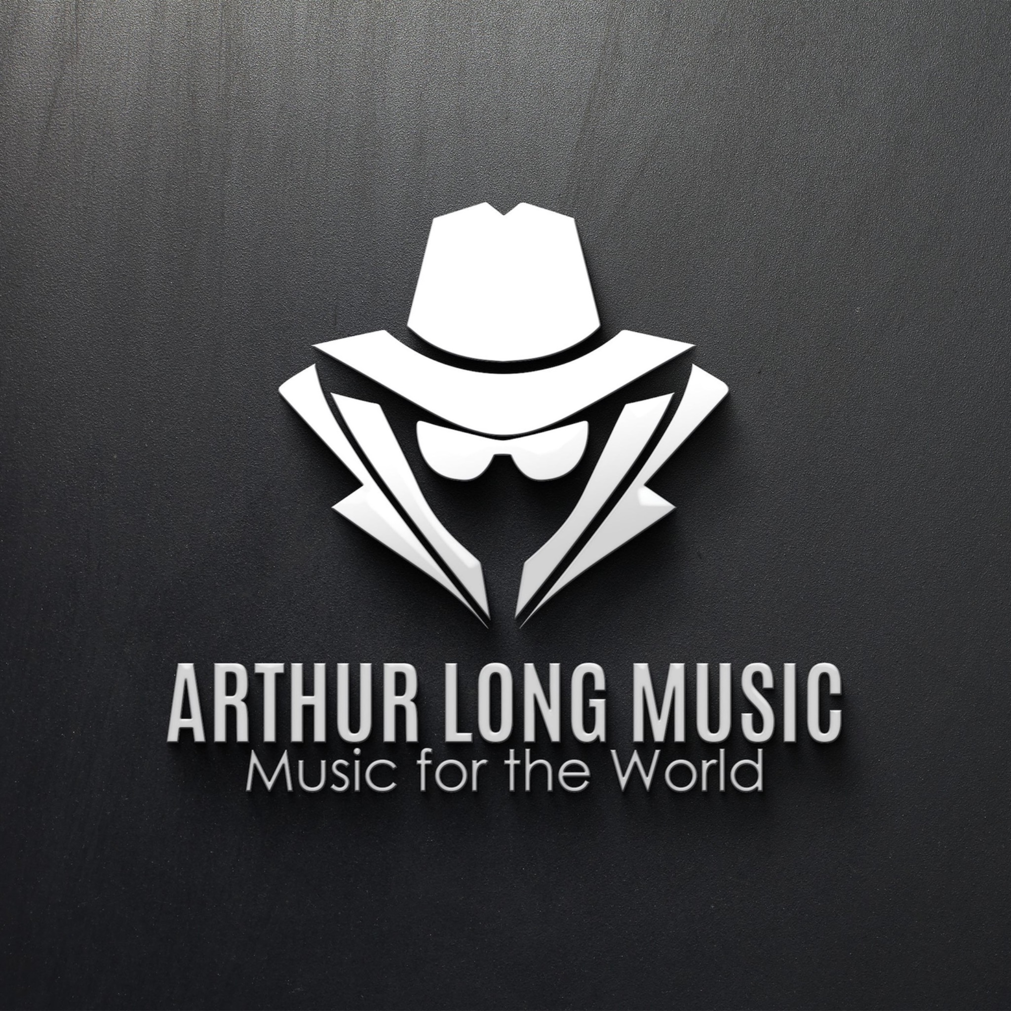 Arthur Long Music silver logo with hat and sunglasses, Music for the World