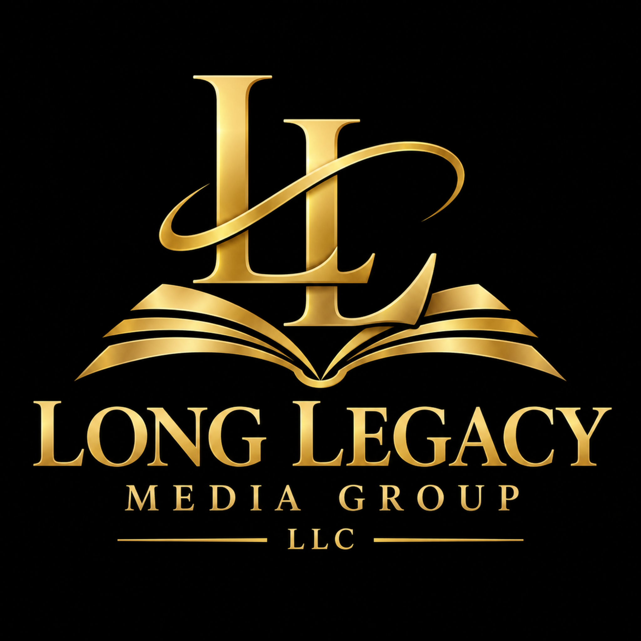 Long Legacy Media Group LLC gold logo with open book